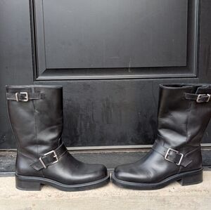 Massimo Dutti Black Leather Moto Boots | Mid-Calf | Buckle Detail | Size 8US
